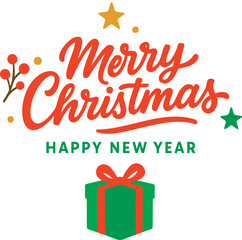 Vector illustration of merry christmas and happy new year with gift and stars on transparent background