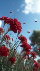Vibrant Red Carnations in Bloom with Bees Flying Under a Bright Sky and Soft White Clouds in a Lush Garden Setting