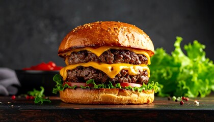 Close-up of a juicy double cheeseburger on a wooden surface. The bun is golden, cheese melted, and lettuce is fresh