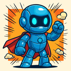 Superhero Robot In Blue Armor With Cape Dynamic Cute Mascot Vector
