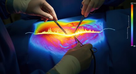 Thermal imaging during surgery visualizing temperature distribution on a patients body.