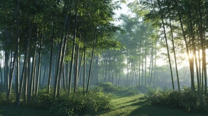 Serene Bamboo Forest in Early Morning Light with Mist and Lush Greenery for Tranquil Nature Scenes