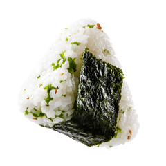 Traditional Japanese onigiri rice ball wrapped with crispy nori seaweed and sprinkled with sesame seeds.