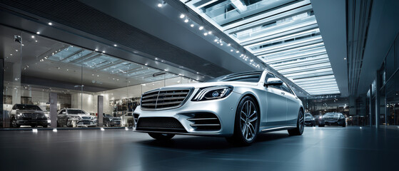 Premium luxury vehicle displayed in sophisticated automotive gallery showroom with elegant lighting showcasing high-end car dealership and upscale retail environment.