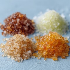 Natural granular sweeteners in crystal form arranged on clean white surface showcasing healthy food alternatives and diet nutrition ingredients for wellness.