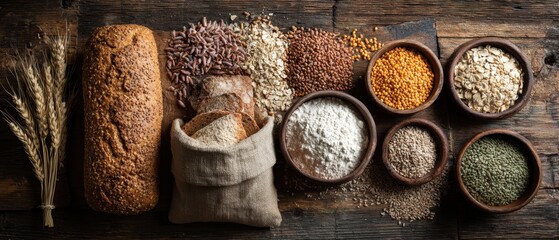 Diverse gluten-free grains and bread on textured wooden table, celiac diet concept, healthy alternative nutrition, wheat intolerance wellness, dietary restriction theme, natural ingredient products.