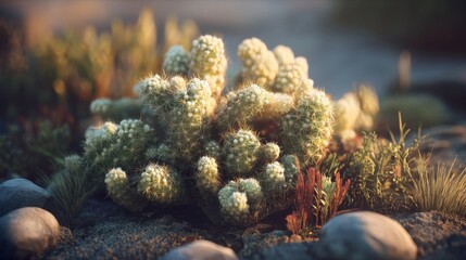 Fototapeta premium Lush prickly cactus plant with vibrant colors in desert landscape illuminated by soft sunlight during golden hour