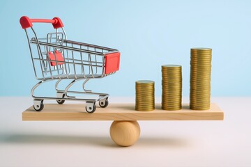 Miniature shopping cart attempts balance against stacks of gold coins, reflecting inflation and economic pressures on minimalist light blue background