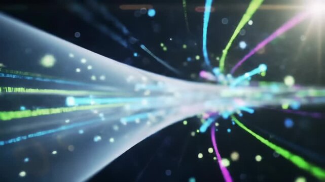 transparent fiber optic-like conduit pulsating with neon data streams and code against deep space. wide video, shallow depth, volumetric light. global data transmission concept