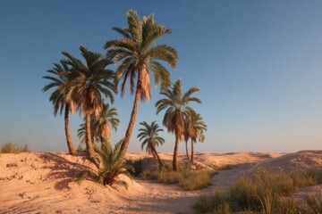 Fototapeta premium Serene Desert Landscape with Lush Palm Trees Against a Clear Blue Sky and Sand Dunes Lit by Golden Evening Sunlight