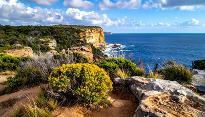 Scenic coastal view showcasing dramatic cliffs and the vast ocean under a bright blue sky dotted with puffy white clouds. Lush vegetation dots the foreground