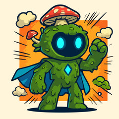 Cute Robot Forest Mutant With Mushroom Cap Organic Creature Mascot