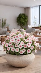 Fototapeta premium Beautiful indoor planter with blooming pink flowers in a modern living room setting with stylish furniture and plants