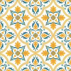Fototapeta premium A seamless Mexican Talavera tile pattern with bold floral and geometric motifs. Perfect for textiles, packaging, and authentic decorative surfaces.