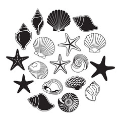 Set of different black sea shells and starfish silhouette vector illustration.
