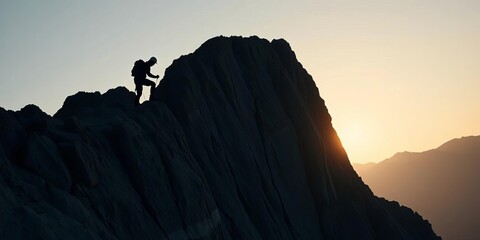 Fototapeta premium Silhouette of a climber ascending a steep, rocky cliff, fear, exploration