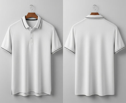 White Polo Shirt Mockup Hanging on Wooden Hanger, Front and Back View