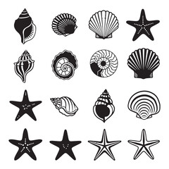 Set of different black sea shells and starfish silhouette vector illustration.
