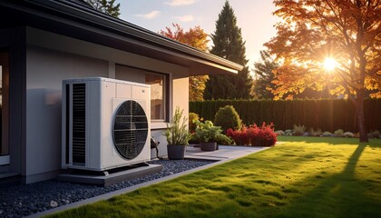 An exterior shot of a house with an air conditioning unit installed on the wall. The sun shines on a beautiful autumn garden
