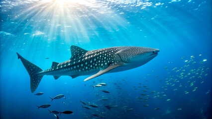 Obraz premium Whale shark gracefully swimming through clear blue waters surrounded by smaller fish in a vibrant ocean scene