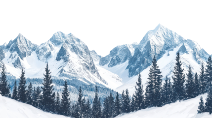 Snowy mountain range with pine trees isolated on transparent background