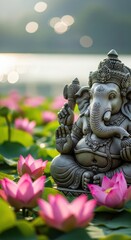 Obraz premium A statue of god Ganesha sitting in green grass with blurred flowers in background for festival celebration of Ganesh Chaturthi. Banner, poster, greeting card for religious Ganesha festival. 