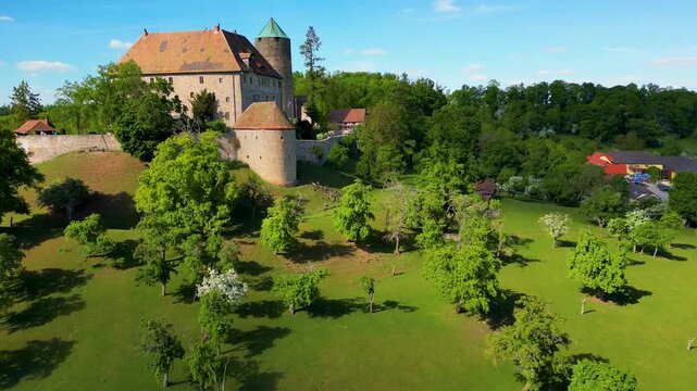 4K Aerial Drone Video of the Grounds Surrounding the Beautiful and Historic Colmberg Castle near Ansbach, Germany in Bavaria