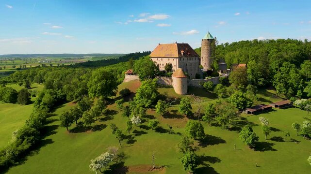 4K Aerial Drone Video of the Farmland Surrounding the Historic Colmberg Castle near Ansbach, Germany in Bavaria