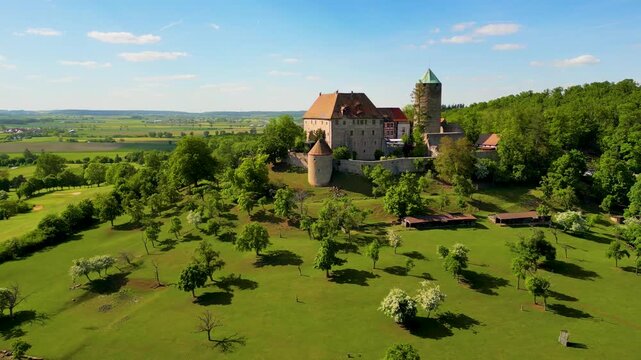 4K Aerial Drone Video of the Farmland Surrounding the Historic Colmberg Castle near Ansbach, Germany in Bavaria