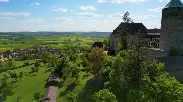 4K Aerial Drone Video of the Farmland Surrounding the Beautiful Colmberg Castle near Ansbach, Germany in Bavaria