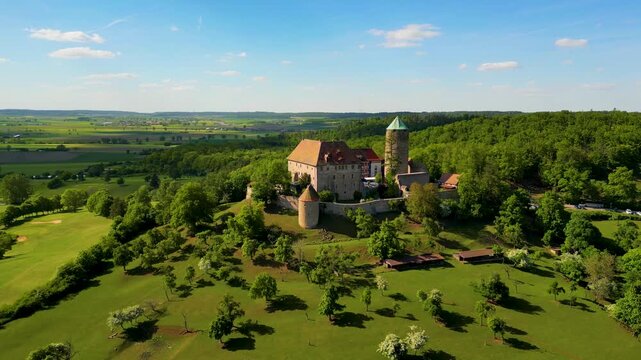 4K Aerial Drone Video of the Farmland Surrounding the Beautiful Colmberg Castle near Ansbach, Germany in Bavaria (High Speed)
