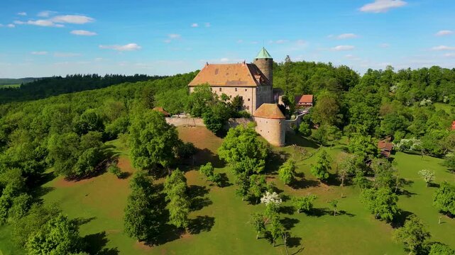 4K Aerial Drone Video of the Farmland Surrounding the Historic Colmberg Castle near Ansbach, Germany in Bavaria