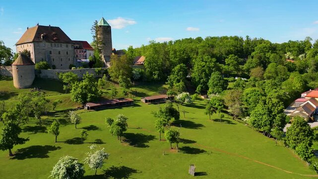 4K Aerial Drone Video of the Grounds Surrounding the Beautiful and Historic Colmberg Castle near Ansbach, Germany in Bavaria