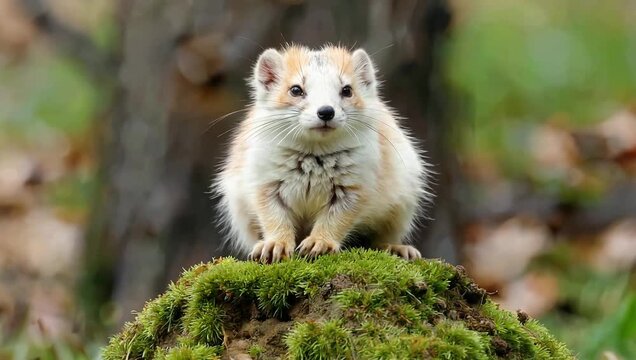 Adorable least weasel perched atop a mossy mound in its winter coat with a blurred forest background showcasing its small size and captivating gaze in a natural setting