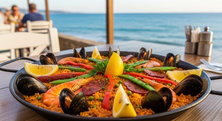 Delicious seafood paella dish with mussels and lemon slices.