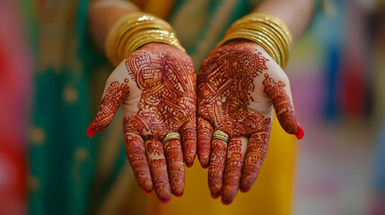 Beautifully adorned hands showcasing intricate henna designs, golden bangles, and wedding rings, celebrating cultural tradition and festive joy