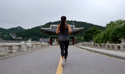 an asian woman in black leggings and a sports top running on the road next to a korean traditional bridge