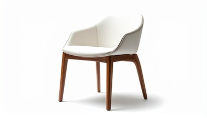 Minimalist white chair with curved plastic seat, angled legs, and sleek modern design.