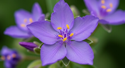 Fototapeta premium Close up of vibrant purple flowers with yellow centers blurred green background