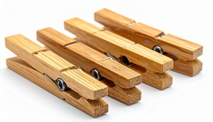 Wooden clothespins with metal springs, arranged in overlapping layout on white background.