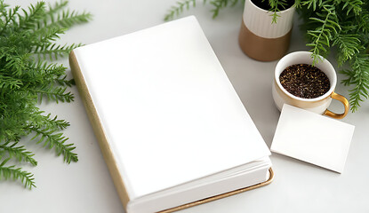 3d a blank notebook surrounded by greenery, ready for notes, on a light