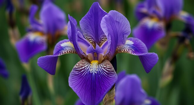 Close up of vibrant purple iris flower with detailed petal patterns