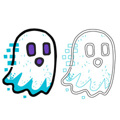 Cute Digital Ghost Character – Colored and Outline Vector Illustration