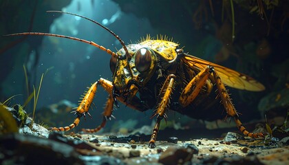 A large, glowing insect in a dark cave