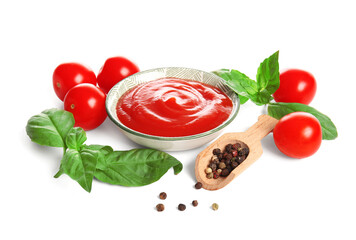 Bowl of tasty tomato sauce with basil leaves and peppercorns on white background