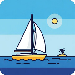 Sailboat Illustration on Ocean with Tropical Island and Sunny Sky in Flat Design