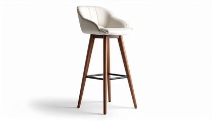 Modern bar stool with light cushioned seat, tapered wooden legs, and square metal footrest in minimalist design.