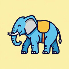 Cartoon Elephant with Blue Body and Yellow Saddle Walking