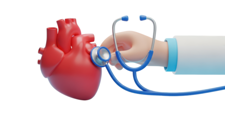 3D Cartoon Doctor Hand Using Stethoscope To Examine Red Heart On Black graphic design isolated on a transparent background
