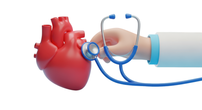 3D Cartoon Doctor Hand Using Stethoscope To Examine Red Heart On Black graphic design isolated on a transparent background